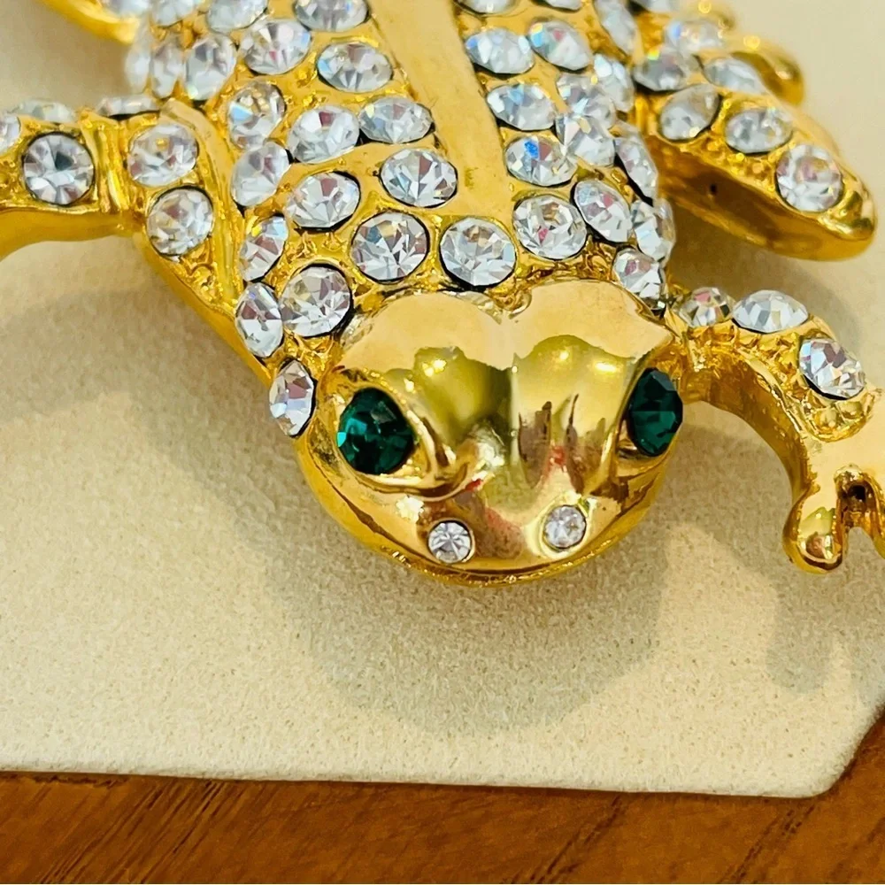 Gold and Crystal Leaping Frog With Emerald Green Eyes Brooch